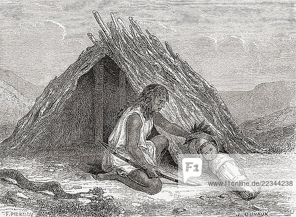 Native American Chimehwhuebe hut  seen during the expedition of Balduin Möllhausen to America  1853 -1854. From Le Tour du Monde  published Paris  1860.