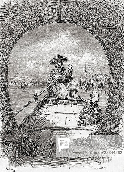 Typical Chinese covered rowing boat  19th century. From Le Tour du Monde  published Paris  1860.