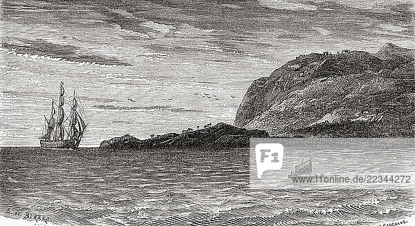 The Tiburon Peninsula aka The Xaragua Peninsula or the Tiburon   Haiti  seen during the 1885 expedition through the Mississippi River Delta to New Orleans of Jacques Élisée Reclus. From Le Tour du Monde  published Paris  1860.