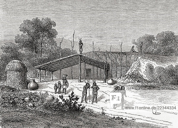 Mojave or Mohave Indians playing a pole and hoop game  seen during the expedition of Balduin Möllhausen to America  1853 -1854. From Le Tour du Monde  published Paris  1860.