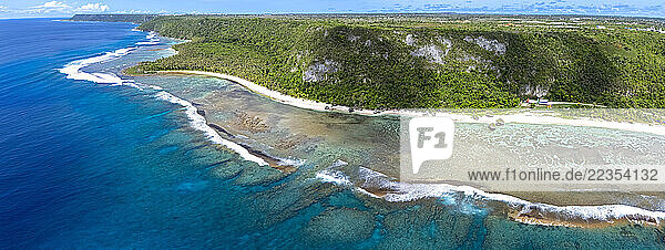 Aerial anorama of the clear warm waters and mushroom rocks at Hilaan Beach  Guam  Micronesia in the Mariana Islands of the Pacific Ocean. Three images were combined for this high resolution file; Guam  Micronesia