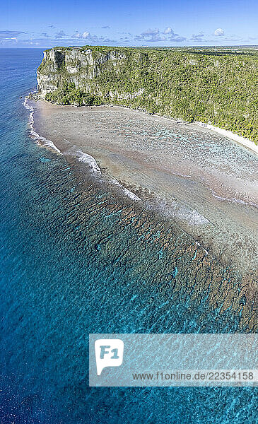 Vertical aerial panorama of the observatory of Two Lovers Point or Puntan Dos Amantes  with the northern reefs of Tumon Bay below  Guam  Micronesia  in the Mariana Islands of the Pacific Ocean; Guam  Micronesia