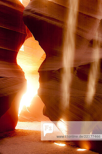 Ligt beams of falling sand shining into a red and orange slot canyon. Antelope Canyon  Page  Arizona  USA.