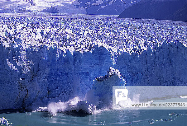 Parque Nacional de Los Glaciares  PATAGONIA  AR - February 2005: A massive serac breaks off into Lago Argentino from the Perito Moreno Glacier found in Parque Nacional de Los Glaciares in the Santa Cruz province of Argentina which is part of Patagonia in February of 2005. The Moreno glacier is a major tourist attraction  as people from the world over come to witness the 200 foot seracs crashing into the water. This glacier is one of the few in the world that is not in rapid recession. (Photo By Dan Rafla/Aurora)
