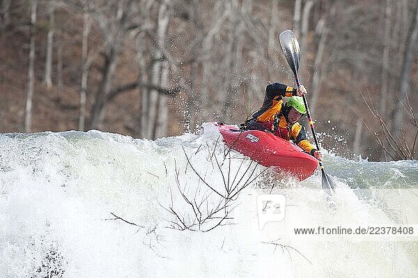 Team Jackson Kayaks member Nick Troutman runs falls on the Caney Fork in Rock Island  TN.