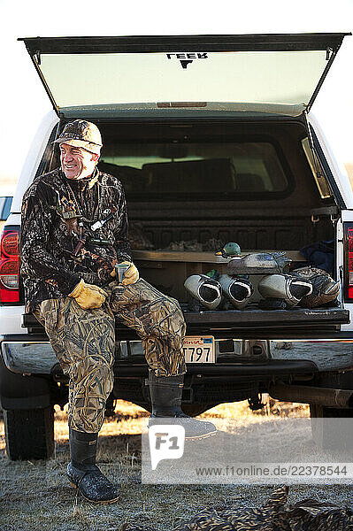 Brad Jackson enjoys a hot drink while hunting geese in Carson City  NV.