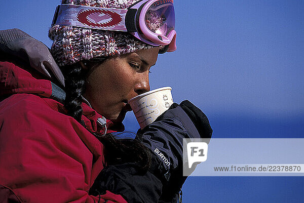 Danielle Ledesma enjoys some hot chocolate at a lodge at Heavenly Mountain Resort in South Lake Tahoe  California.