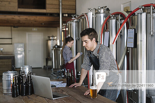 Young entrepreneurs working with laptop at a brewery