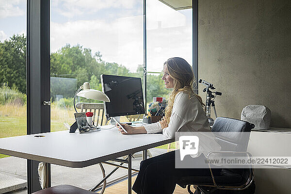 Businesswoman working at desk at home