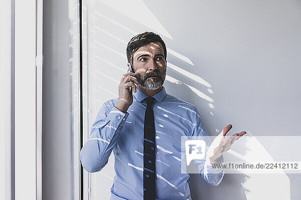 Anxious mature businessman on the phone in office