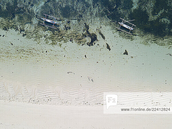 Indonesia  Bali  Nusa Dua beach  Aerial view of outrigger boats anchored on sea