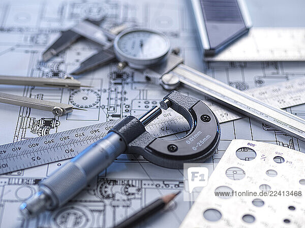Engineering tools and blueprints for precision measurement and quality control