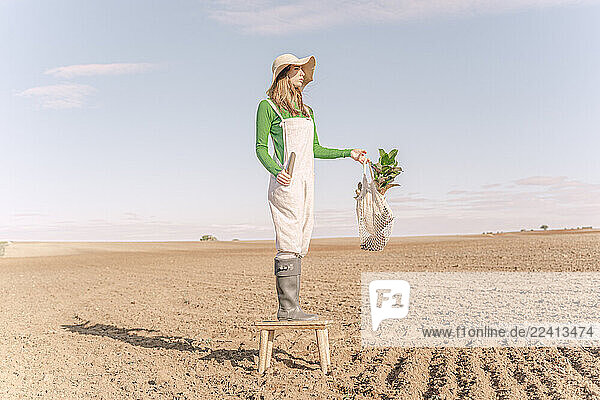 Young woman standing on stool on dry field  carrying plant in a net