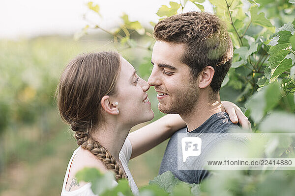 Young couple in love in the vineyards