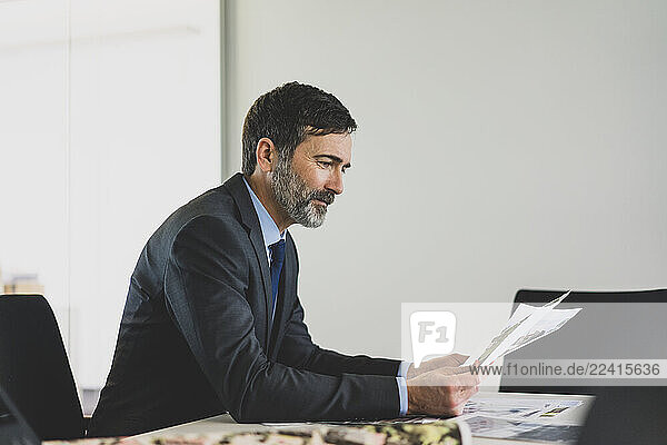 Mature businessman working on photographies at desk in office