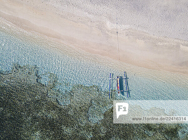 Drone view of outrigger moored at beach in Bali  Indonesia