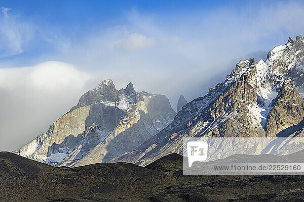 Snowcapped?peaks of Torres Del Paine in sunlight