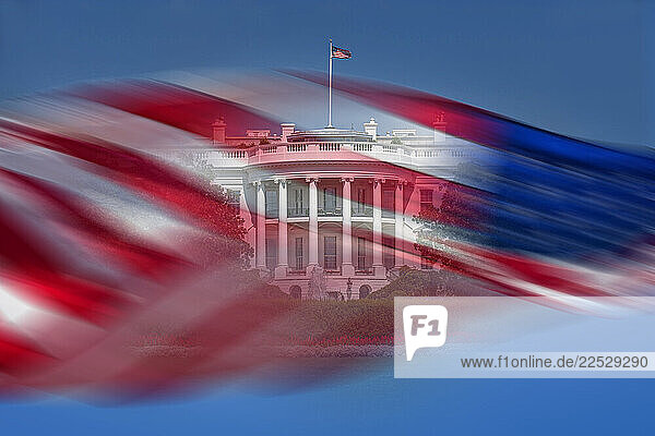 White House facade and blurred American flag against blue sky