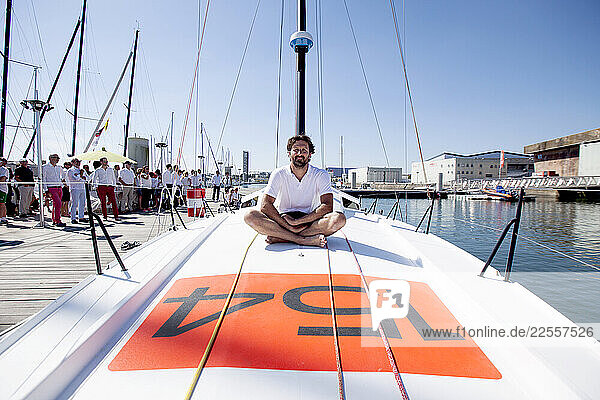 Launch of the Lift 40 ( Class 40 ) Black Mamba for the skipper Yoann Richomme before the Route du Rhum 2018 built at Gepeto Composite and designed by Marc Lombard Yacht Design Group  Lorient Keroman Submarine Base  Brittany  France..