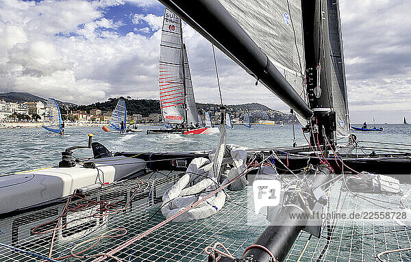 The GC32 is the one design for the Great Cup Racing circuit  at the Extreme Sailing Series  Nice  Alpes-Maritimes  France.