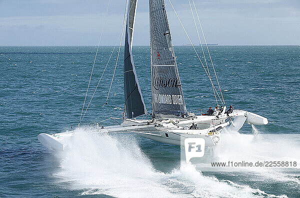 The Hydroptere at the start of a record attempt sailing in the Solent  Cowes  Isle of Wight  United Kingdom.