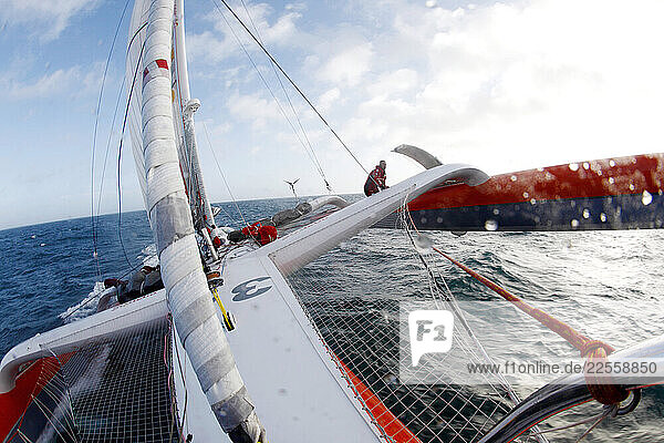 Thomas Coville and the trimaran Sodebo rallied Brest on Friday 14 January  where they will set off for another record attempt around the world alone.