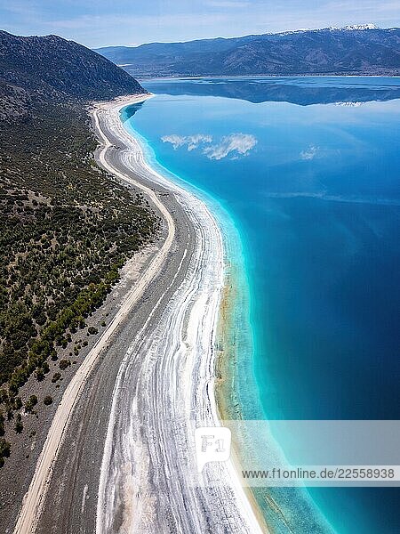 Aerial drone view of Lake Salda white sandy beach