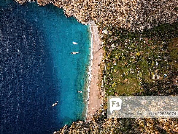Aerial drone view of Butterfly Valley beach with turquoise water