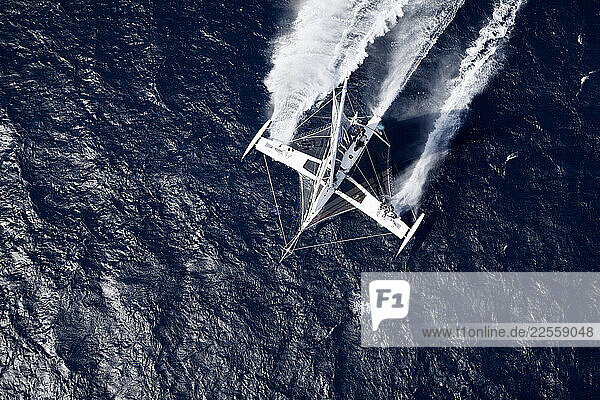 Aerial photo shoot of l Hydroptere DCNS  Alain Thebault and his crew (Yves Parlier  Jean le Cam  Jacques Vincent  Luc Alphand) during the first series of trials on the Med before