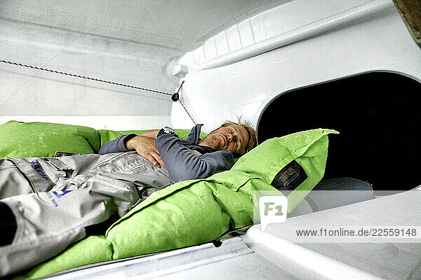 Onboard the IMOCA Open 60 Macif crewed by Francois Gabart and Michel Desjoyeaux during a training session before the Transat Jacques Vabre in the English Channel from Plymouth to P
