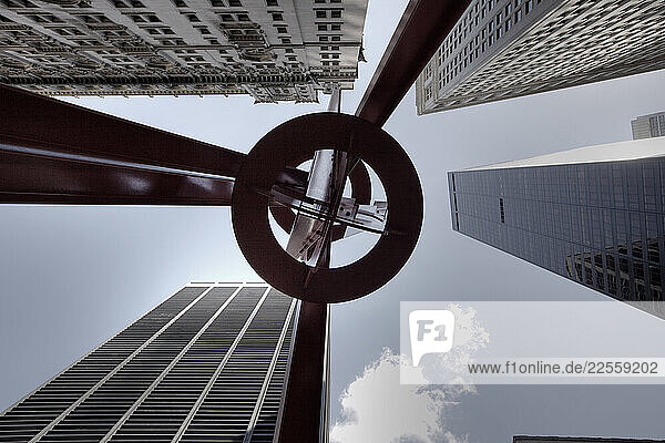 view from under sculptor Mark di Suvero s 70-foot-high Joie de Vivre (Joy of Life) resides in Lower Manhattan s Zuccotti Park. It was installed at the corner of Broadway and Cedar