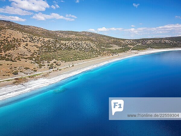Aerial drone view of Lake Salda white sandy beach