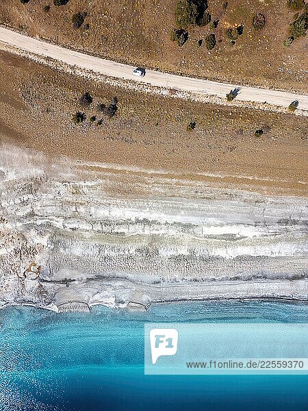 Aerial drone view of Lake Salda white sandy beach