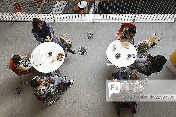 Disabled people talking at tables
