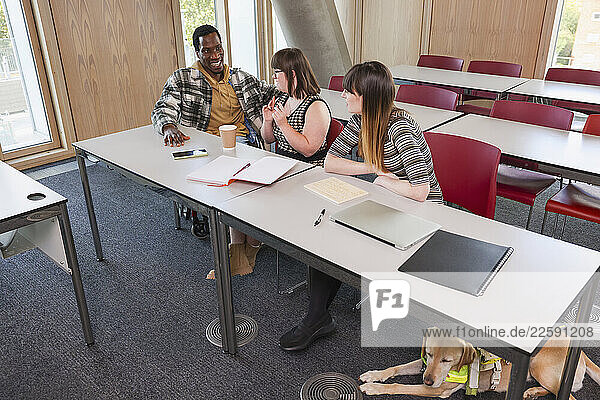 Disabled coworkers in modern office