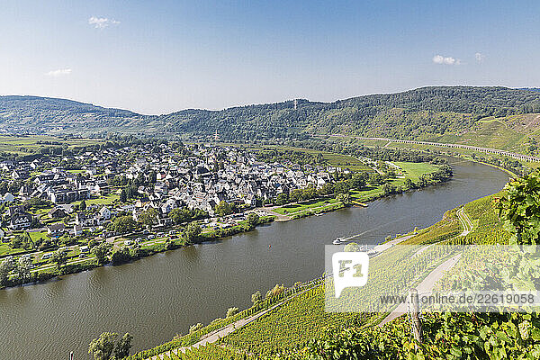 Scenic view of Pünderich village and vineyards along the Moselle river in Rhineland-Palatinate  Germany