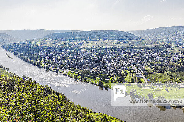 Aerial view of Pünderich at the Moselle river in Rhineland-Palatinate  Germany  showcasing the scenic Moselle valley and wine region.