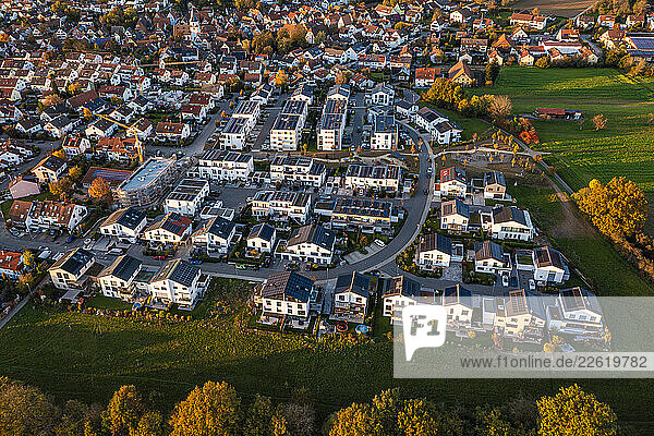 Aerial view of a climate-neutral residential area with houses equipped with photovoltaic systems in Waiblingen  Germany