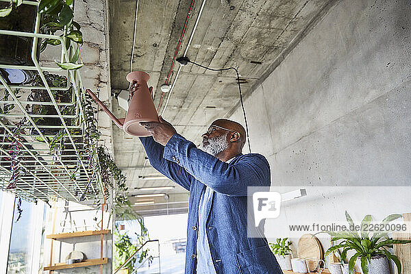 Mature man watering houseplant while standing at home