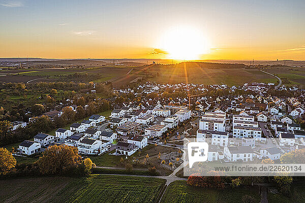 Aerial view of a climate-neutral residential area in Waiblingen  Germany at sunset