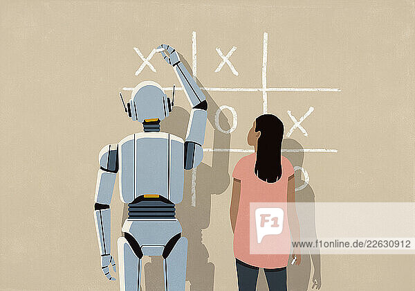 Woman playing tic-tac-toe with AI robot on beige background