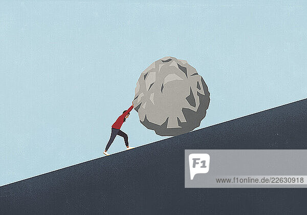 Woman pushing large boulder uphill