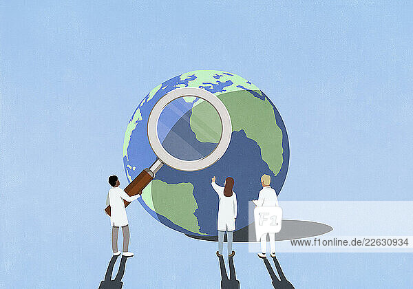 Scientists with large magnifying glass examining West Africa on globe