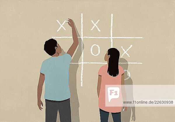 Couple playing tic-tac-toe on beige background