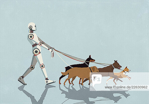 Humanoid robot walking dogs on leashes against blue background