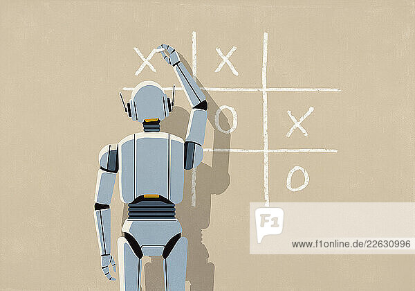 AI robot playing tic-tac-toe on beige background