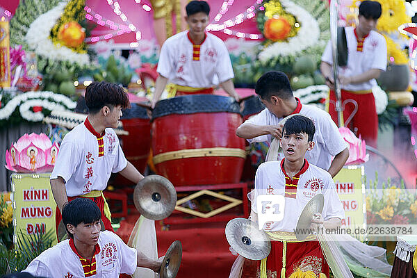 Phuoc Long Buddhist pagoda  musicians playing for the Vesak ceremony  Tan Chau  Vietnam