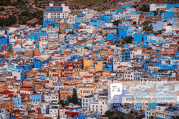 Blue houses in the medina and skyline at sunrise  Chefchaouen  Morocco