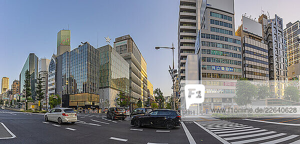 View of shops and traffic on busy shopping street at sunset  Osaka  Honshu  Japan
