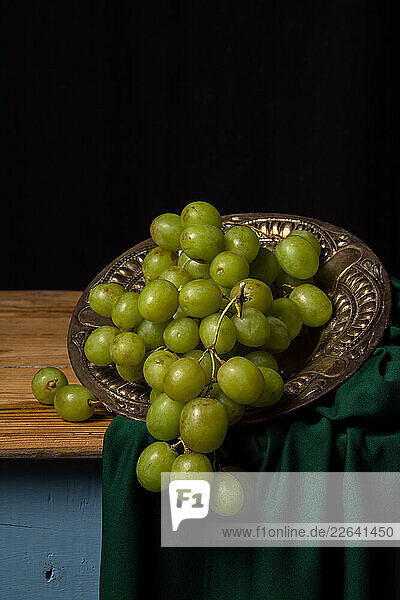 View of green grapes in a silver bowl
